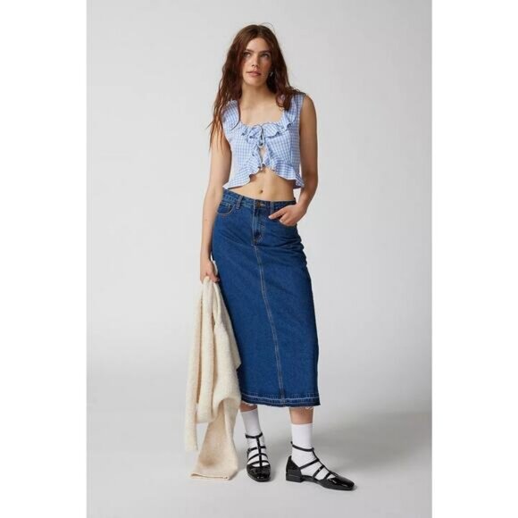 NWT URBAN OUTFITTERS Ilene Gingham Tie-Front Top Sz Medium Blue - Picture 2 of 9